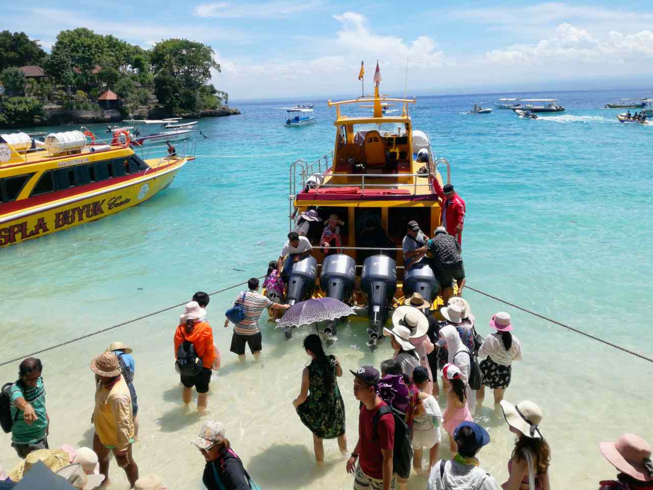 fast boat leaving mushroom bay beach. 